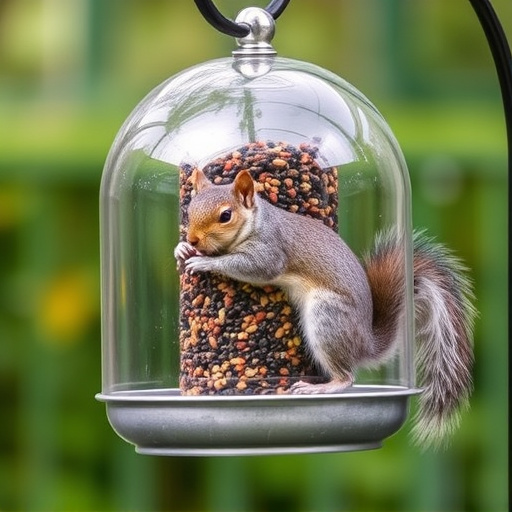 Dome-covered feeder deterring grey squirrel