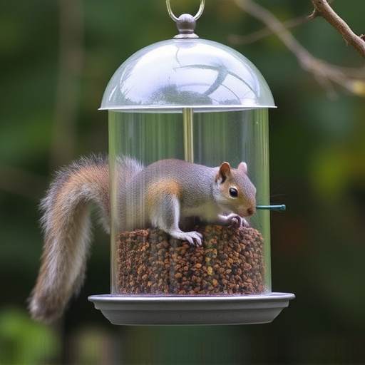 Dome-covered feeder deterring grey squirrel