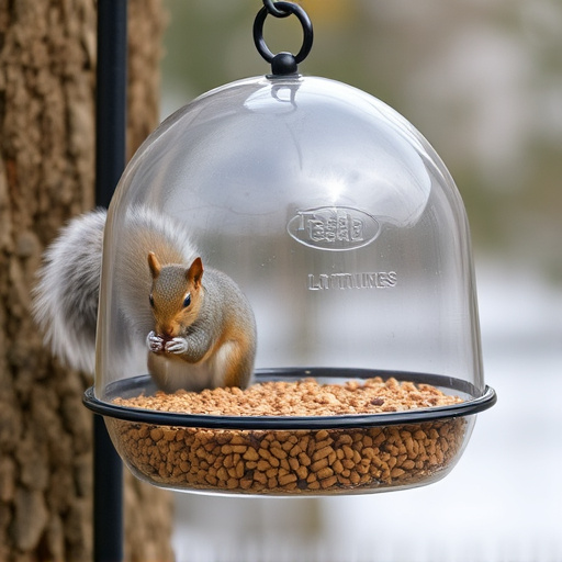 Dome-covered feeder deterring grey squirrel