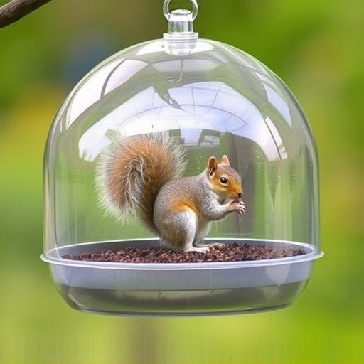 Dome-covered feeder deterring grey squirrel