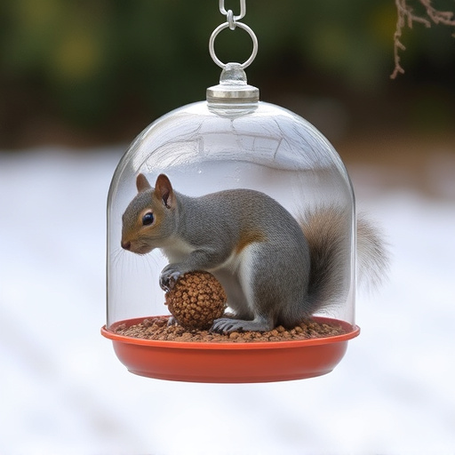 Dome-covered feeder deterring grey squirrel