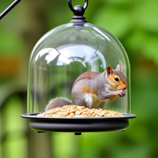 Dome-covered feeder deterring grey squirrel
