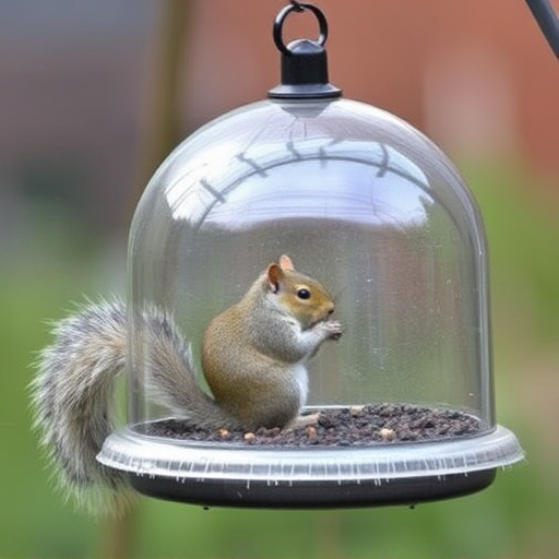 Dome-covered feeder deterring grey squirrel