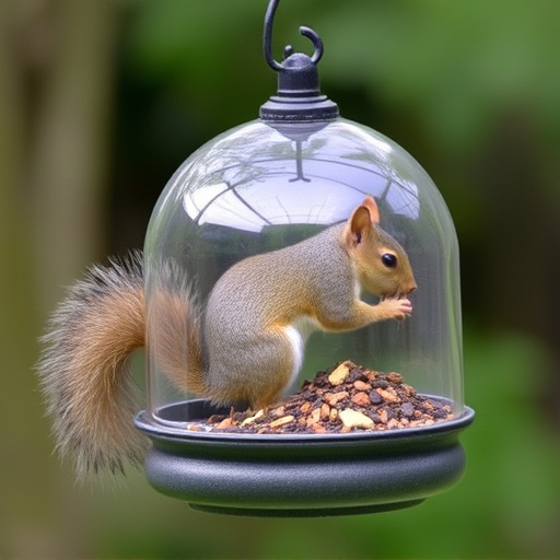 Dome-covered feeder deterring grey squirrel
