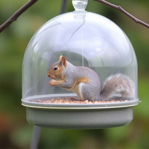 Dome-covered feeder deterring grey squirrel