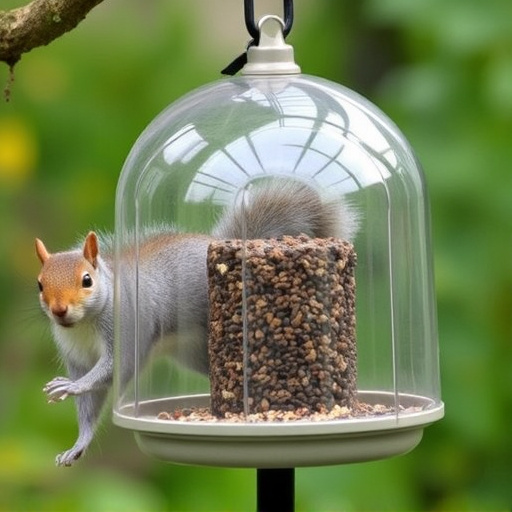 Dome-covered feeder deterring grey squirrel