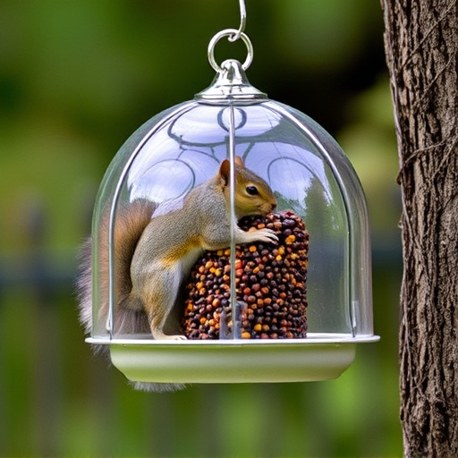 Dome-covered feeder deterring grey squirrel