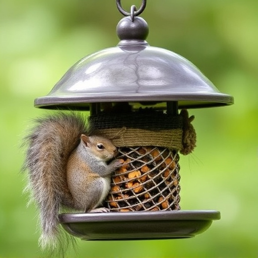 Dome-covered feeder deterring grey squirrel