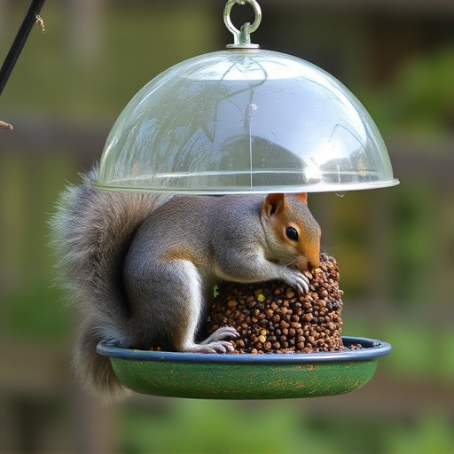 Dome-covered feeder deterring grey squirrel