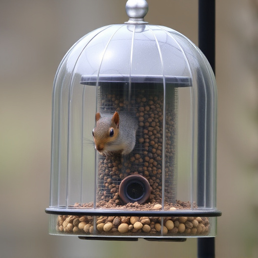 Dome-covered feeder deterring grey squirrel