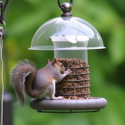 Dome-covered feeder deterring grey squirrel