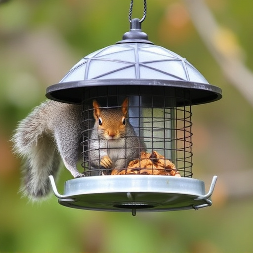Dome-covered feeder deterring grey squirrel