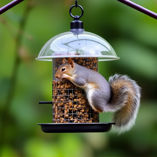 Dome-covered feeder deterring grey squirrel