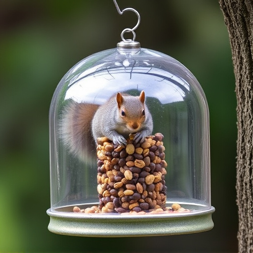 Dome-covered feeder deterring grey squirrel