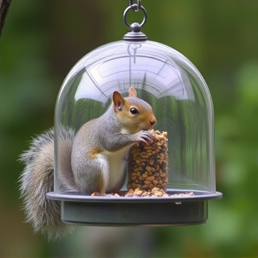 Dome-covered feeder deterring grey squirrel