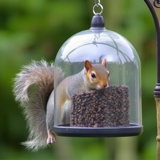 Dome-covered feeder deterring grey squirrel