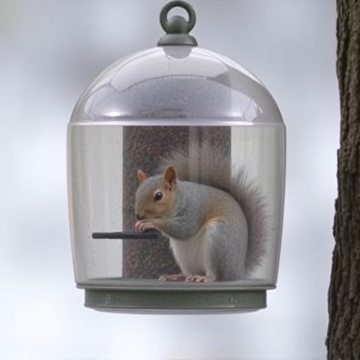 Dome-covered feeder deterring grey squirrel