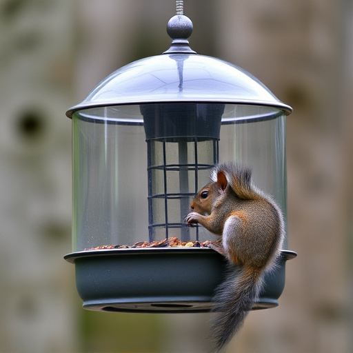 Dome-covered feeder deterring grey squirrel