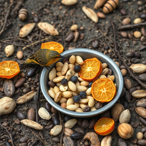 Dried fruit and seeds in ground feeder