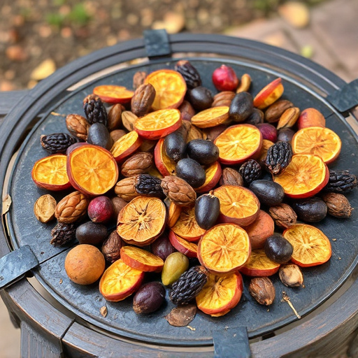 Dried fruits scattered on bird table