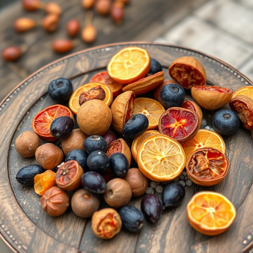 Dried fruits scattered on bird table