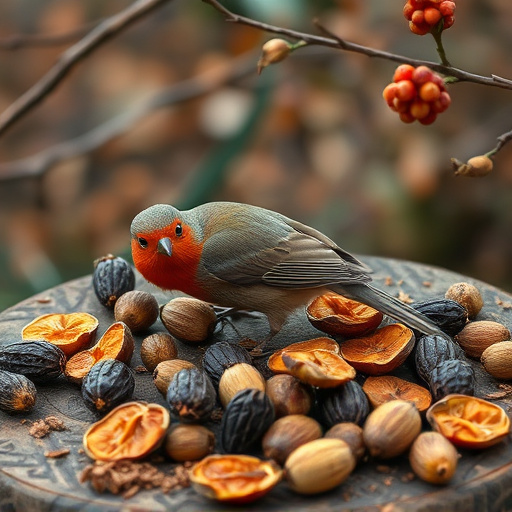 Dried fruits scattered on bird table
