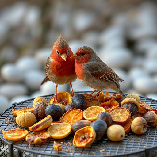 Dried fruits scattered on bird table