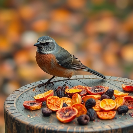 Dried fruits scattered on bird table