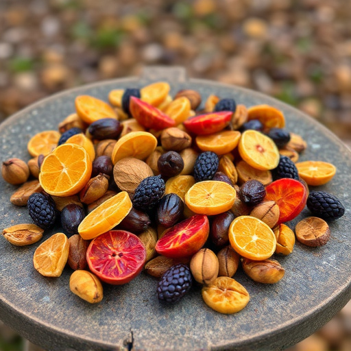 Dried fruits scattered on bird table