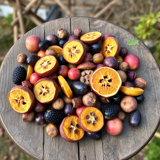 Dried fruits scattered on bird table