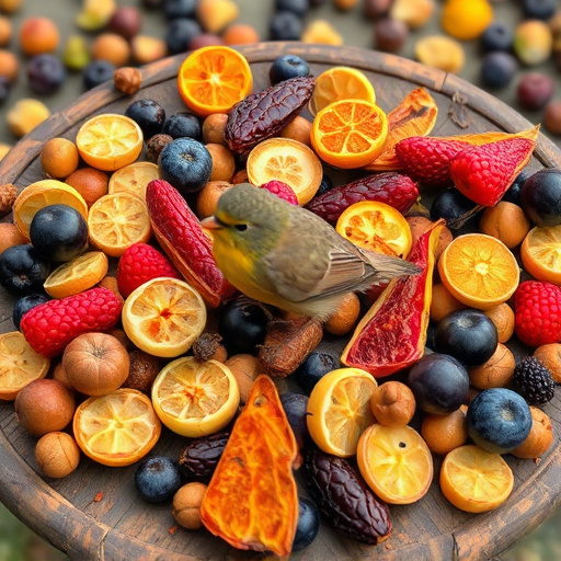 Dried fruits scattered on bird table