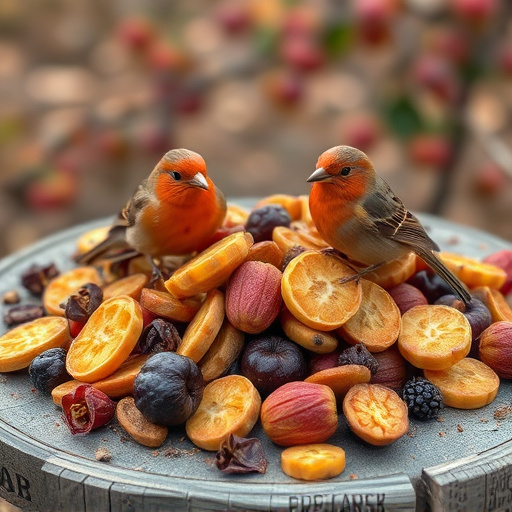 Dried fruits scattered on bird table