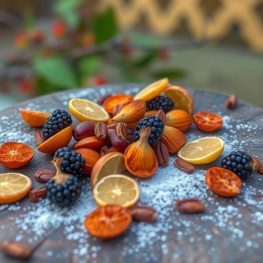 Dried fruits scattered on bird table