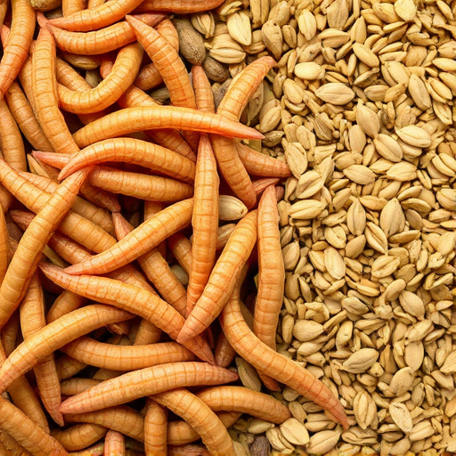 Dried mealworms next to seed mix