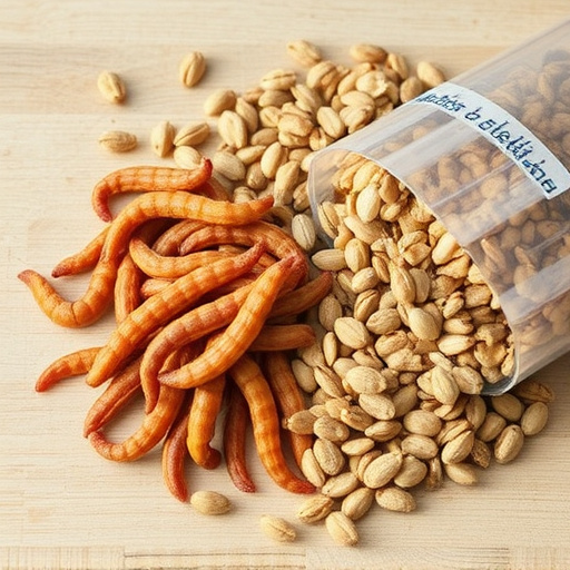 Dried mealworms next to seed mix