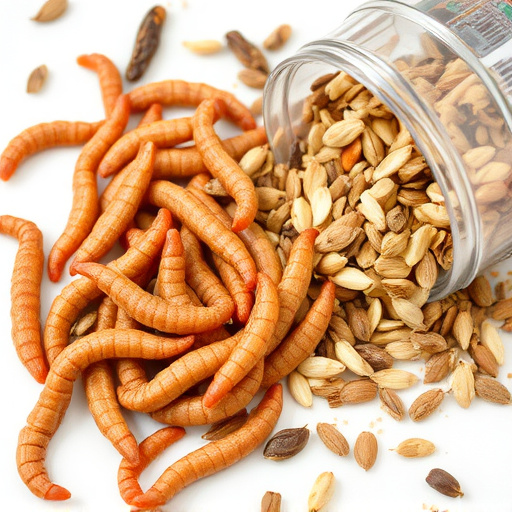 Dried mealworms next to seed mix