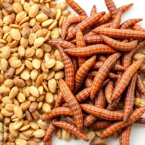 Dried mealworms next to seed mix
