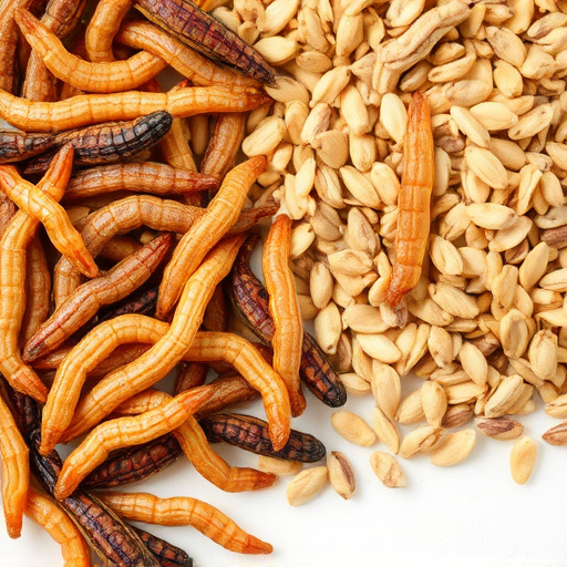 Dried mealworms next to seed mix