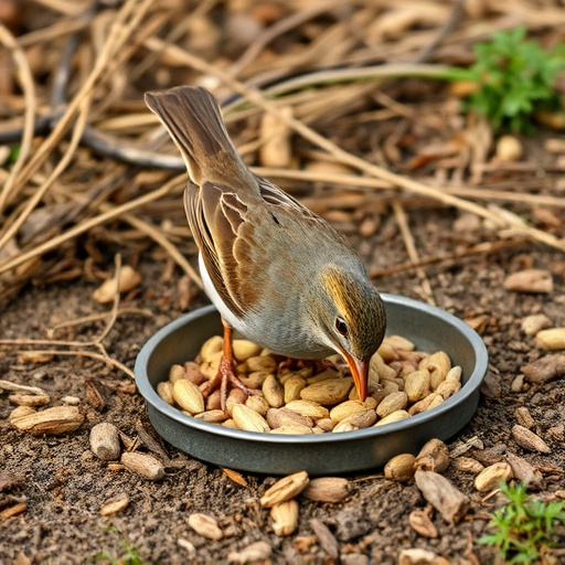 Dunnock foraging beneath ground seed tray