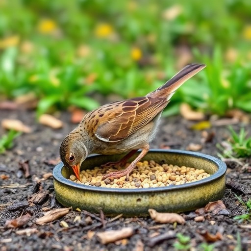 Dunnock foraging beneath ground seed tray