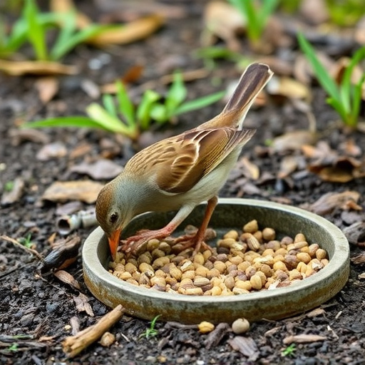 Dunnock foraging beneath ground seed tray