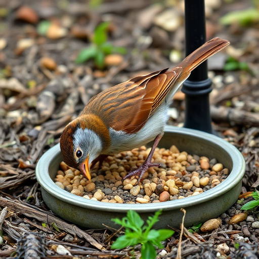 Dunnock foraging beneath ground seed tray