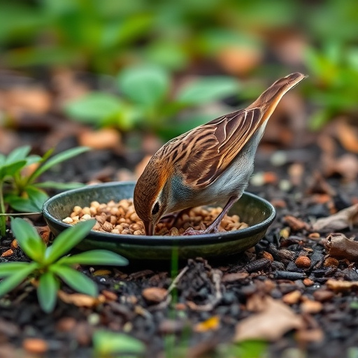Dunnock foraging beneath ground seed tray
