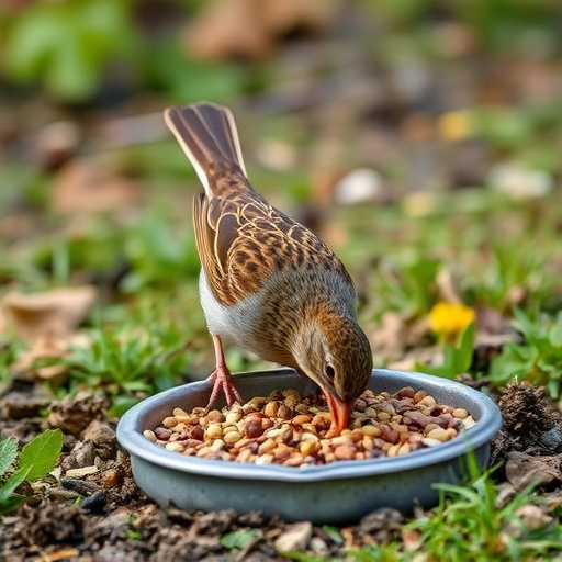 Dunnock foraging beneath ground seed tray