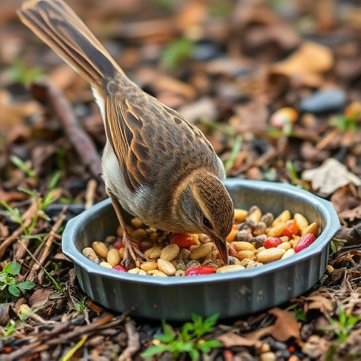 Dunnock foraging beneath ground seed tray