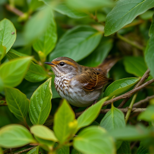 Dunnock hiding among garden leaves