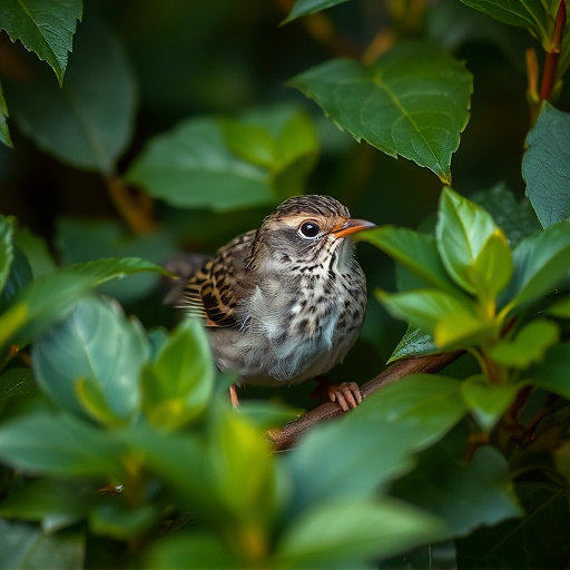 Dunnock hiding among garden leaves