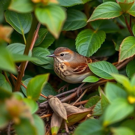 Dunnock hiding among garden leaves