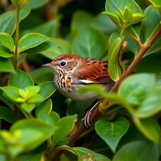 Dunnock hiding among garden leaves