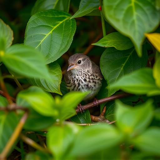Dunnock hiding among garden leaves